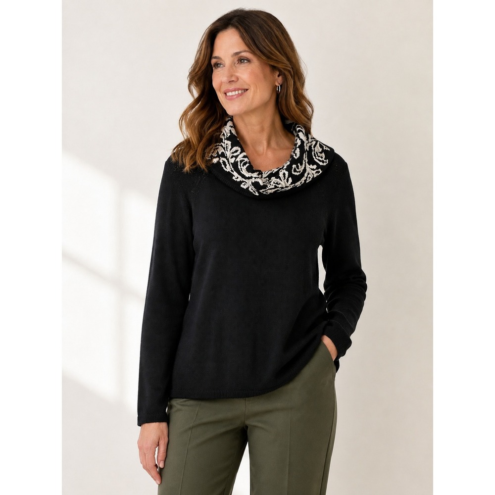 Christopher & Banks XL Black Cowl Neck Sweater Scroll Jacquard Cotton Blend